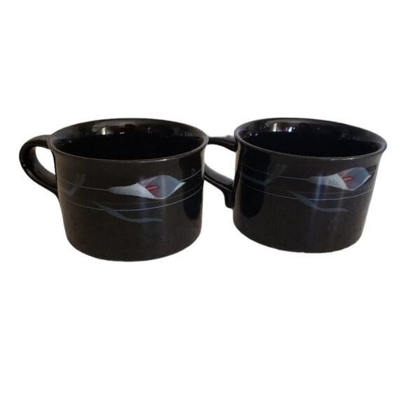 Rare Mikasa Galleria Opus Black Calla Lily Mid Century/Art Deco Coffee Mug Set - Picture 1 of 4